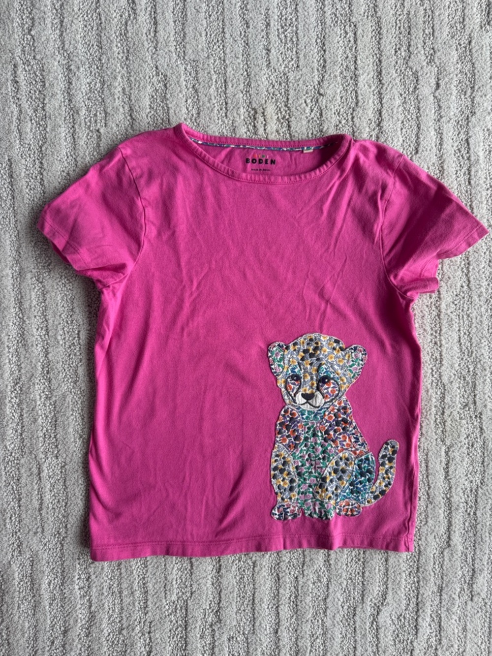 Mini Boden Girls' Hot Pink Short-Sleeve Tee with Colorful Leopard Appliqué 9-10